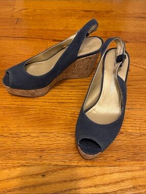 Stuart Weitzman “Jean” Suede SlingBack Cork Wedge Sandals